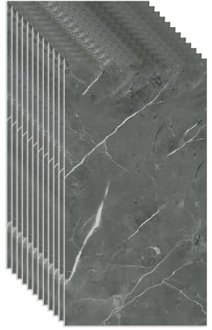 Marble Tile Stickers for Bathroom Kitchen, 12/24Pcs Backsplash Waterproof Oil Proof DIY Self Adhesive New PVC Wall Stickers Home Decor 60 x 30cm (12, Dark Grey)