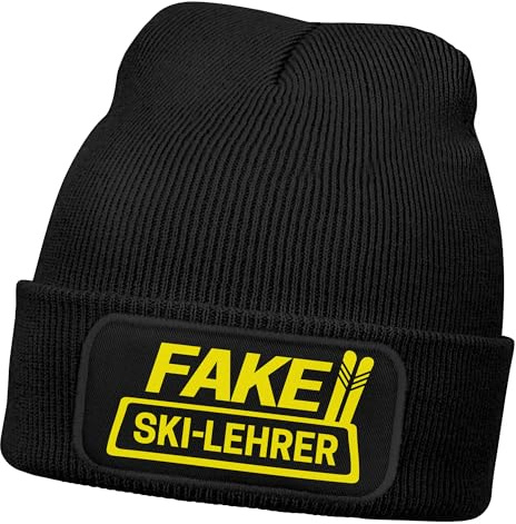 MoonWorks® Herren Beanie mit Patch Strickmütze mit Spruch Aufdruck Lustig Fake Ski Lehrer Mütze Männer Schwarz Unisize