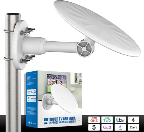 Antenna TV digitale HD per esterni, supporta Freeview, ricezione 4K e 1080p, resistente alle intemperie, antenna intelligente a lungo raggio con cavo da 10 m, colore: bianco