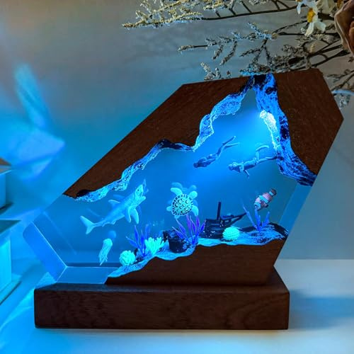 MASDEC Shark Resin Lamp,USB Powered Resin Ocean Night Light with Wooden Base, Variable Lights,Shark Decor for Home Office, Scuba Diving Gifts for Ocean Lovers,Unique Gifts for Him &Her(S 6X4)