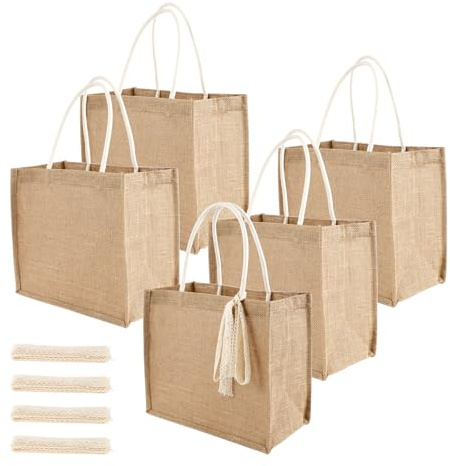 SUPPUIMNT 5 stycken jute shoppingväska återanvändbar säckväv shoppingväska med handtag band handväska för mångsidig matköpare shopping gör-det-själv strandresor kök gåva resor