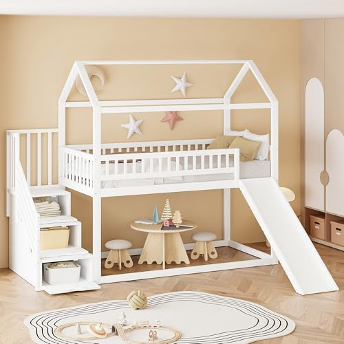 RIAZOS Etagenbett Kinderbett 90x200 mit Rutsche und Treppe, Hochbett mit Stauraumleiter, Kinder Bett mit 1 Lattenrost, Juniorbett, Multifunktional, Weiß, ohne matratze