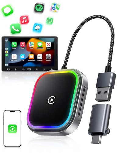 WityEye Adaptador CarPlay e Android Auto Inalámbrico, Bluetooth V5.3 Conexión Estable, 5.8GHz WiFi Rápido, con Luz Ambiental RGB, USB A/C para Apple iPhone iOS 10+, Smartphone Android 11+