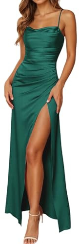 Abendkleider Elegant für Hochzeit Damen Satin Ballkleid Lang mit Schlitz Spaghettiträger Rückenfrei Cocktailkleid Ärmelloses Bodycon Maxikleid Festliche Elegant Brautjungfernkleid (02-GN1, S)