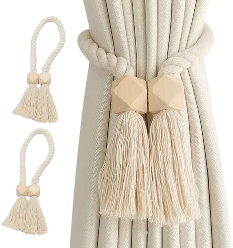 2 Stück Magnetische Vorhang Raffhalter Boho Deko Raffhalter für Vorhänge Baumwollseil mit Holzperlen Gardinen Halterung Gardinenhalter mit Quasten Vorhanghalter Dekorative Gardinenraffer für Home