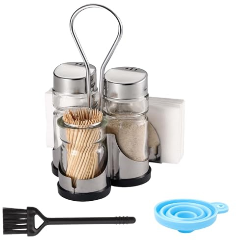 WRENYZK 4-in-1 Salz und Pfefferstreuer Glas Set mit Edelstahl Halter zahnstocher behälter und serviettenhalter, Moderne und funktionelle Gewürzstreuer für Restaurant, Familie