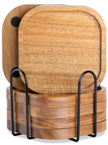 HALE OTEIR Acacia Wood Coasters Set of 6, 3.93 Inch Wooden Drink Coasters with Holder for Glasses, Coffee & Wine, Natural Wood Table Decor for Home Office Coffee Bar Table