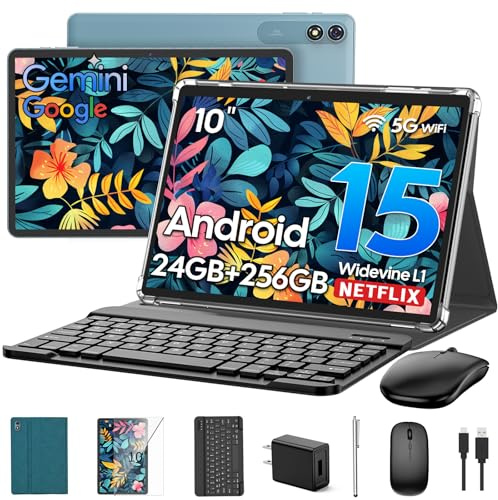 Suicoey 2026 Android 15 Tablet with Keyboard, 24GB RAM + 256GB ROM (2TB Expand), 10 inch Tablet with Gemini AI, Octa-Core, 8000mAh, Widevine L1, 2 in 1 Tablets with Case, Mouse, Stylus(Green Case)