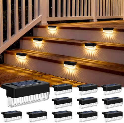 GIGALUMI Solar Fence Lights Outdoor Garden, 12 Pack Solar Powered LED Deck Lights, IP44 Outdoor Waterproof for Stairs, Backyard, Patio, Pool, Railing, Step (Warm White)