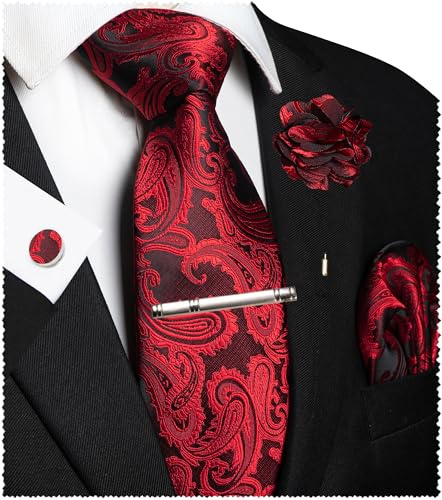 JEMYGINS Paisley Stickerei Design Krawatte Set Herren Einstecktuch Krawattenklammer Manschettenknöpfe Ansteckblume für Hochzeit Party Business Mehrfarbig