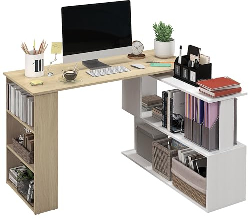 HOMCOM Bureau d'angle Table de Salle à Manger avec Rangement Bureau Informatique modulable bibliothèque intégrée + étagère 3 Niveaux Blanc et Bois Naturel