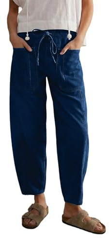 Generico Pantaloni Jeans Barrel Donna a Vita Alta con Gamba Larga, Modello Baggy Elastici alla Caviglia con Tasche