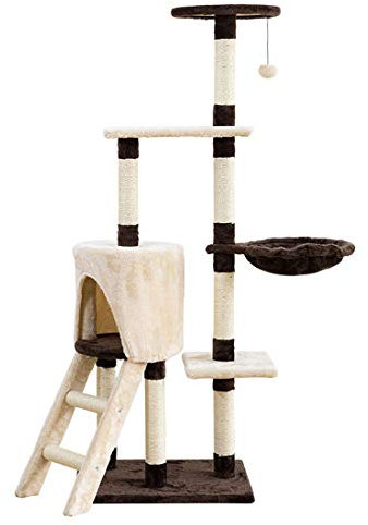 RONGJJ Kratzbaum Mittelhoch Kletterbaum Mit Sisalstämmen, 136cm, Höhle & Liegemulde, Katzenbaum Katzenkratzbaum Mit Spielzeug Treppe, Coffee