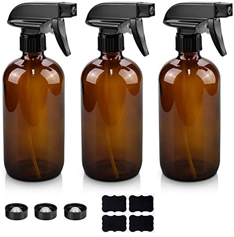 Glas-Sprühflaschen, nachfüllbare Behälter, leere runde Boston-Flaschen mit Etiketten und verstellbarer Düse für Reinigung, Gartenarbeit, Aromatherapie, Haustiere, Pflanzen, Haare, Bernstein, 3 Stück