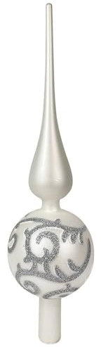 zeitzone Christbaumspitze Weiß Matt Verziert Glitzer Echt Glas Weihnachtsbaumspitze 31cm
