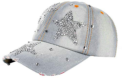 Baseballmütze Damen Mädchen Denim Blumen Diamant Baseball Cap Damen Mütze Jeans Kappe Basecap mit Glitzer