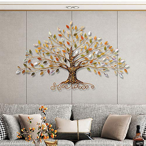 Decoración de Pared de Metal, árbol de la Vida con Hojas de Oro/Verde/Cristal Decoración de Pared Arte de Metal, para Interior, Exterior, Dormitorio, Sala,30 W x 18 H（77x45cm）