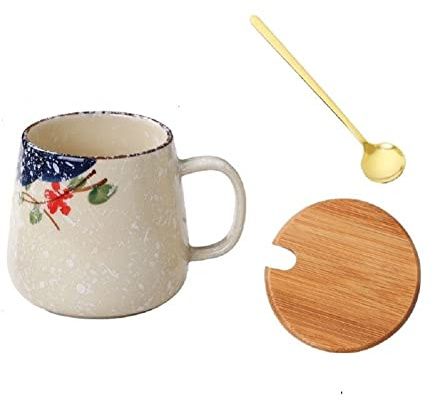 MAGICVOGEL 350ml Kaffeebecher Keramik Kaffeetasse mit Deckel und Löffel Espressotasse Teetasse Geschenke für Geburtstag Weihnachten Muttertag Vatertag (Blumen)