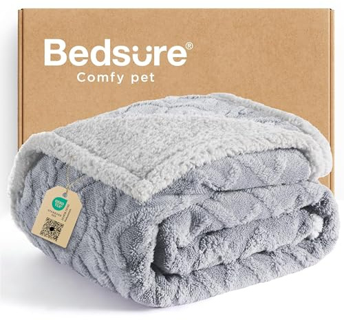 Bedsure Waterproof Dog Blankets for Large Dogs - Pet Blanket for Couch Protector Washable, Premium Jacquard Coral Fleece Cat Throw Blanket, Soft Plush Reversible Furniture Protection, 50x60, Grey