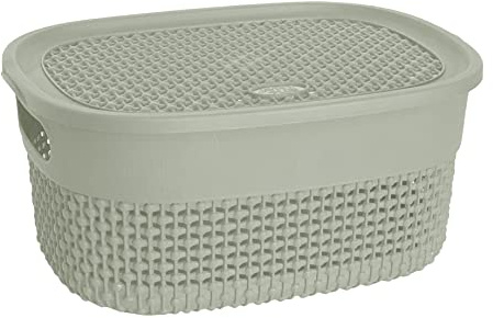 M1SS Plastic Storage Basket With Lid and Handle Oval Shape Shelf, Bathroom Basket Knit Design Toy Boxes Multi Colour Plastic Organiser ETC Baskets For Shelves, Kitchen (Green, Small - 4L)