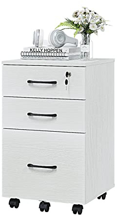 Panana Wooden 3 Drawers Filing Cabinets, Mobile File Cabinet Under Desk Drawers on Casters Rolling Office Cabinet for Home Office Furniture (White)