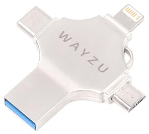 Wayzu® 4-in-1 USB Flash Drive 32GB/64GB – Multi Device Memory Stick with USB-C, Lightning, Micro USB & USB-A, Portable OTG Storage for iPhone, Android, Tablets & PC, Silver (32GB)