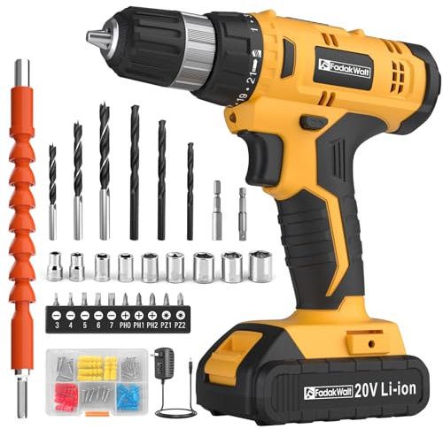 FADAKWALT 20V Cordless Drill Set ，Powerful Drill bit Sets,Torque 30N,21+1 Torque Setting,3/8” inch Keyless Chuck, 40pcs,Electric Drill with 2.0AH Li-Ion Battery and LED Light.