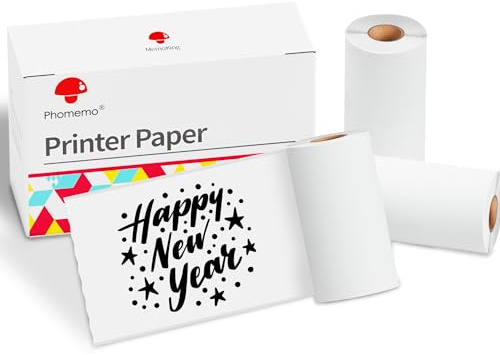Phomemo papier, 3 Rollen Druckpapier Weiß, Thermopapier kompatibel mit T02/M02/Q02 Mini Drucker M832/M834 Drucker, Phomemo Etiketten Selbstklebend 50 mm x 3,5 m, 10 Jahre Haltbarkeit