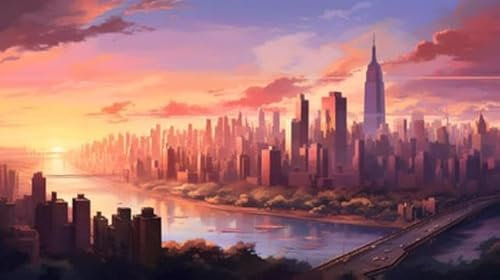 adrium Acryl-Bild 70 x 40 cm: Wunderschöner Sonnenuntergang über der Stadt, 3D-Darstellung. Digitales Zeichnen am Computer. (218991799)