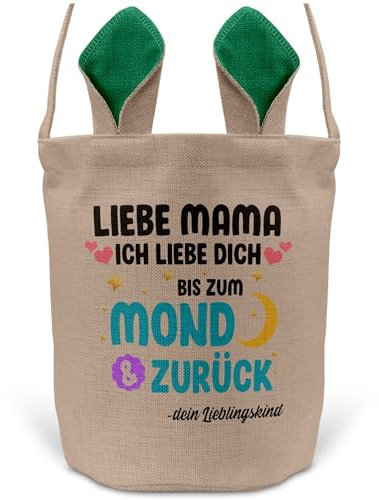 22Feels Mama Osterkorb Mutter mit Henkel Ostergeschenk Tragetasche Ostern Deko Osternest Körbchen Hasenohren (Beige/Grün)