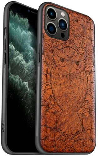 Carveit Coque en Bois pour iPhone 11 Pro Étui Protection Artistique Cover TPU Souple de téléphone Antichoc Compatible avec Apple 11 Pro Etui (Rosé-La Tapisserie de Hibou)