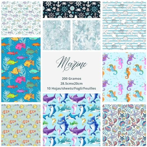 ASENME Hojas papel Scrapbooking, papel estampado tamaño A4, 10 láminas - Papel para manualidades (Marino, 10 Unidades)