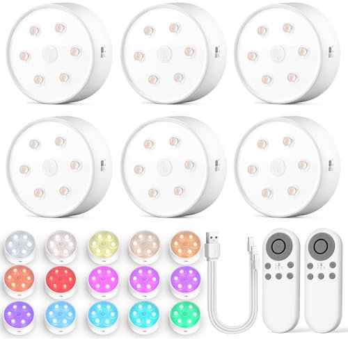 TECOMLIGHT Groupable & Linkable LED Puck Lights Pro, 2.4G Remote Control, Rechargeable Under Cabinet Lighting, Tap & Touch Activated, 3 CCT & RGB Color Changing, Auto-Off Timer, 6 Pack - White