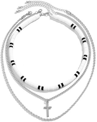 Epinki Kette Herren, Partnerketten Kreuz Anhänger Mehrschichtige mit Kugel Bead, Edelstahl Kordelkette Silber, 57CM