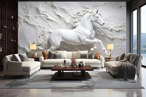 ZYHFDC Papier Peint Panoramique Relief en plâtre du cheval blanc Tableaux Muraux Tapisserie Photo Décoration Murale Salon Chambre 250CM(L)*175CM(H)