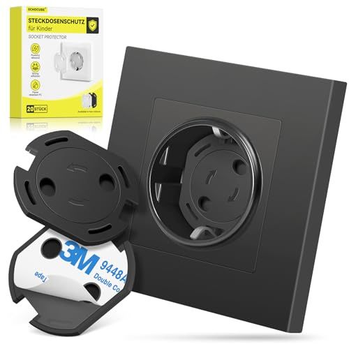 ECHOCUBE Set di 20 Copri Prese, Protezioni di Sicurezza Prese Elettriche per Bimbi con Meccanismo di Rotazione e Nastri Adesivi 3M Resistenti, Copri Prese per Casa, Scuola, Nido, Asilo (Nero)