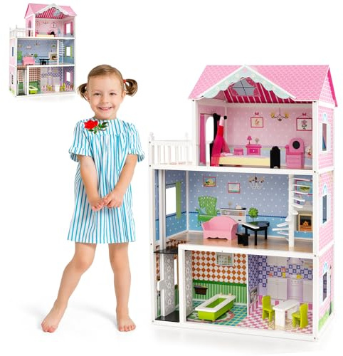 HOMASIS Maison de poupées avec Meubles & Accessoires, Maison de poupées Rose en Bois, Villa de poupées avec 3 étages & 5 Chambres, Dollhouse Villa de rêve pour Les Enfants (Art Déco)