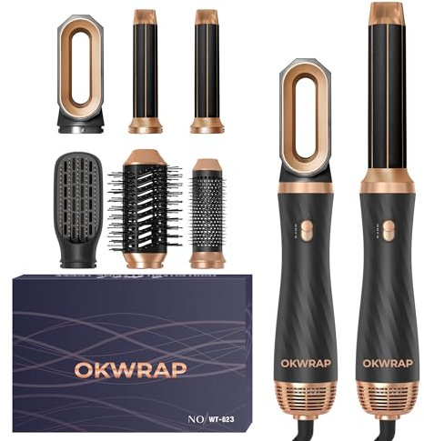 Hair Styler set 6 In 1 OKWRAP Airstyler Mit Rundbürstenföhn Haarstyler Warmluftbürste Thermal Brush Airflow Lockenstab Automatisch, Volumen Föhnbürste,Für Glätten, Trocknen, Volumen, Locken