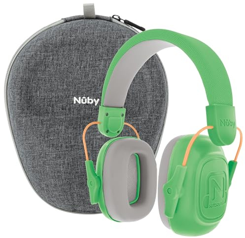 Nuby Soft Sounds - Orejeras con cancelación de ruido con funda de viaje, protección auditiva para niños y adolescentes, diadema ajustable, acolchado súper suave, color verde