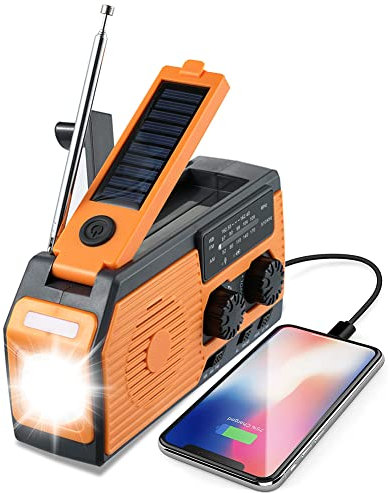 AZURAOKEY Radio de Emergencia de 5000 mAh, Radio Multifuncional con Manivela Am/FM/WB NOAA, Linterna LED y Power Bank para Camping y Senderismo