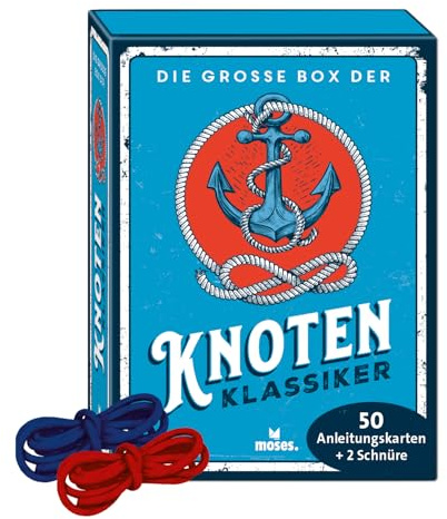 Moses. Die große Box der Knoten-Klassiker, Knoten-Übungsset mit 50 Schritt-für-Schritt-Anleitungen & 2 Schnüre, Segelknoten Lernen für Sport, Freizeit & Outdoor, Knotenset in Geschenkbox