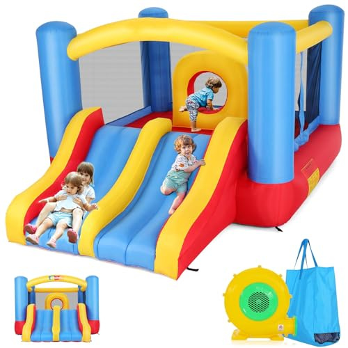 Aufblasbare Hüpfburg, Sport-Hüpfburg mit Multifunktions-Spielbereich, Spielburg für Kinder, Große Springfläche, Doppelrutsche mit Hindernis-Hüpfburg für drinnen und draußen mit Gebläse