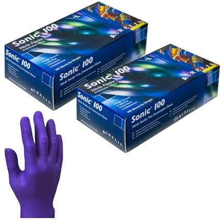 Aasram Aurelia Sonic 100 Nitrile Examination Gloves – Powder Free, Latex Free, Blue, Ambidextrous, Textured Fingertips – 2 x 100 Pack (200 Gloves Total), Size - (Small)
