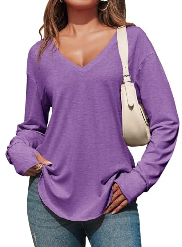Fisoew Maglietta a Maniche Lunghe da Donna Scollo a V Profondo Top Oversize Maglietta a Maniche Lunghe Casual Maglietta Lunga con Foro per Il Pollice
