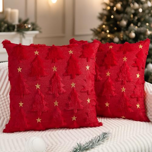 Miaikoe Weihnachtskissenbezüge 40x40 cm 2er Set Rot Weihnachtsbaum Stern Kissenbezüge weiche Plüsch Fälschungsfell für Feiertage Winter Zuhause Coach Sofa Dekoration