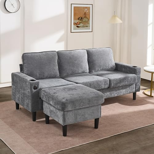 Eckcouch mit Schlaffunktion, 3-Sitzer Sofa mit Verlängerter Fußschemel, 202 cm L-Form Couch Wohnzimmer, 2 Getränkehaltern, USB- und Typ-C-Anschlüsse (Grau)