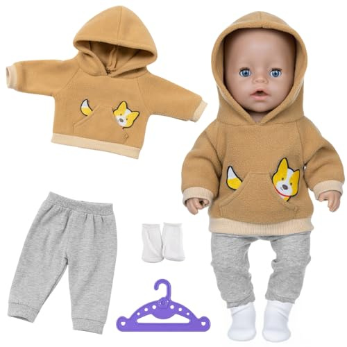 Vestiti per bambole da 30-45 cm, vestiti per bambole carini, 1 felpa con cappuccio con elemento animale + 1 pantaloni grigi + 1 gancio + 1 paio di calzini, set di abbigliamento per bambole regalo per