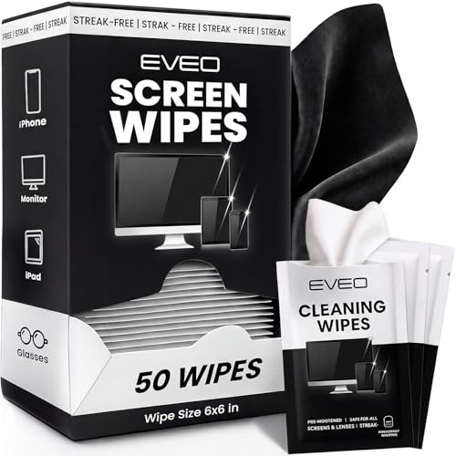 EVEO Screen Wipes - Electronic Wipes, Computer Screen Cleaner Wipes for Electronics | Computer Screen Wipes Phone Wipes & Lens Wipes for PC, Laptop, Phone, Car & More - Microfiber Included (50 Pack)