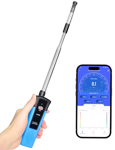 Hot Wire Anemometer Handheld with Bluetooth APP, Telescopic Probe, Air Flow CFM Meter Measures Weed Speed 1-89.5 mph, Low Flow Velocity, Temp, Thermal Anemometer for HVAC, Ducts, Ventilation Systems