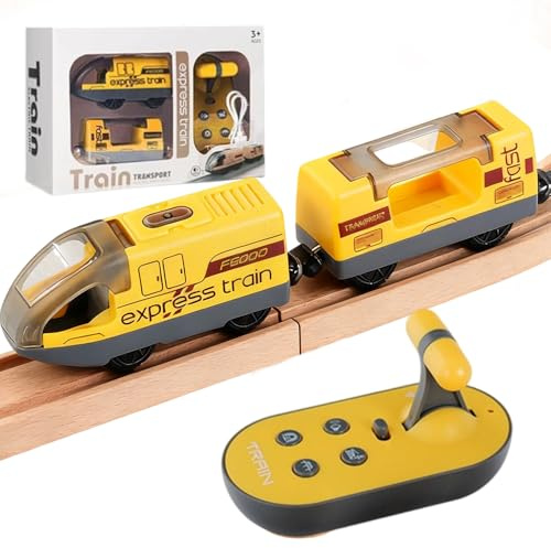 DAJASD Locomotiva ad Azione a Batteria, Treno Motorizzato per Binari in Legno, Treno Telecomandato con Collegamento Magnetico Giocattolo Regali per Ragazze Ragazzi 3 4 5 6 7 anni(Giallo)